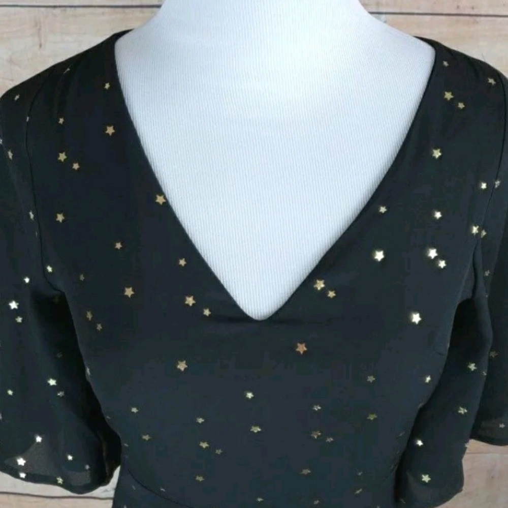 GIANNI BINI Sz XS star print black v-neck dress - Picture 3 of 8